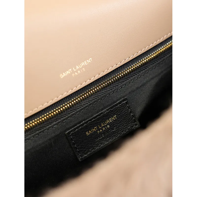 SAINT LAURENT Loulou Medium Shoulder Bag – Light Beige Suede with Chevron Quilt & Tone-On-Tone YSL Logo (Convertible Chain Strap) #A58776