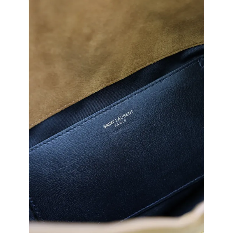 SAINT LAURENT Cassandra Large Envelope Shoulder Bag – Tan Suede with Gold YSL Logo (Detachable Chain Strap) #A58782