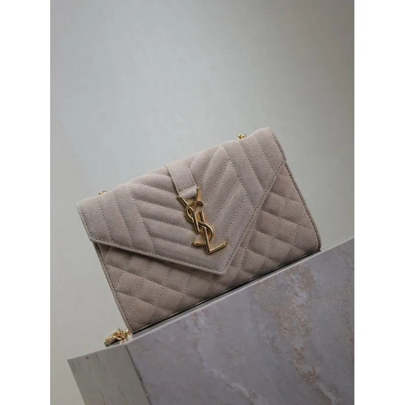 SAINT LAURENT Cassandra Envelope Crossbody Bag Set – Tan Leather-Suede & Black Velvet with Gold YSL Logo (Detachable Chain Strap) #A58774