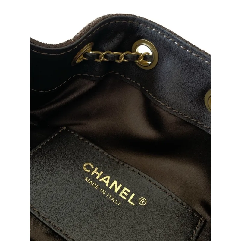 Chanel Mini Suede Bucket Bag  Retro Coin Button  Drawstring  Quilted  Classic Chain #A60143