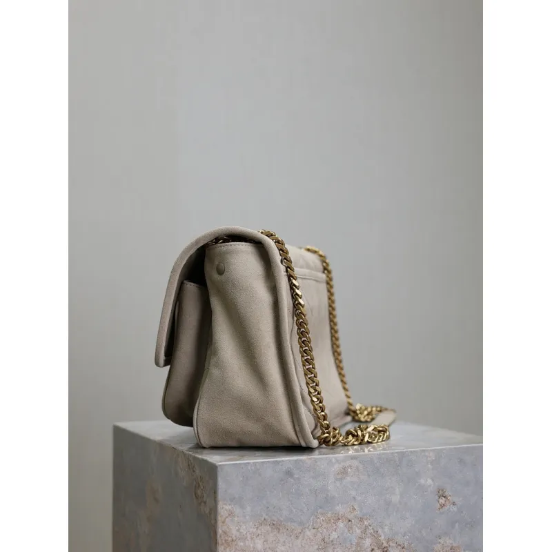 SAINT LAURENT Loulou Medium Shoulder Bag – Light Beige Suede with Chevron Quilt & Tone-On-Tone YSL Logo (Convertible Chain Strap) #A58775