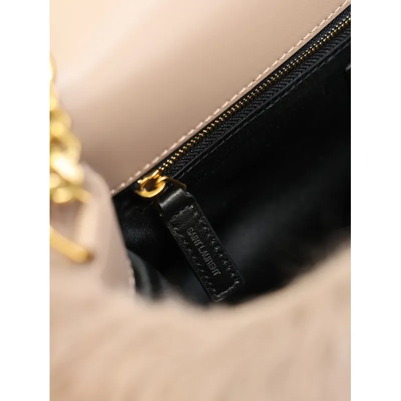 SAINT LAURENT Loulou Medium Shoulder Bag – Light Beige Suede with Chevron Quilt & Tone-On-Tone YSL Logo (Convertible Chain Strap) #A58776