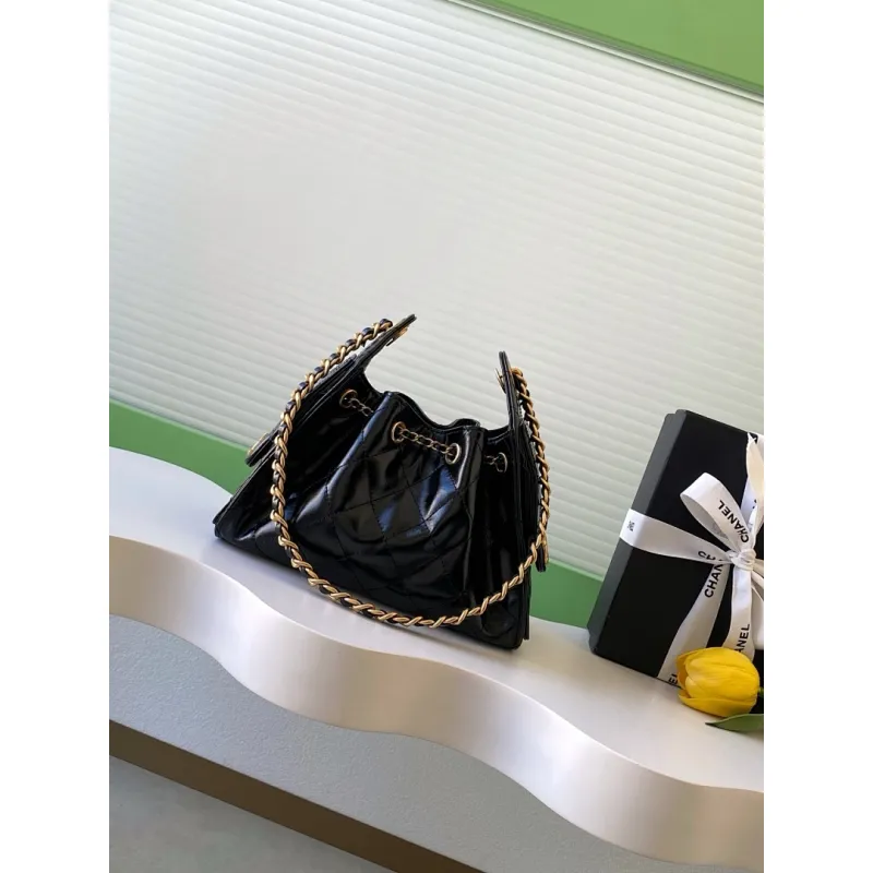 Chanel Hobo Shoulder Bag  Hippie Style Vintage Gold Coin Button Drawstring Bucket Bag #A59440