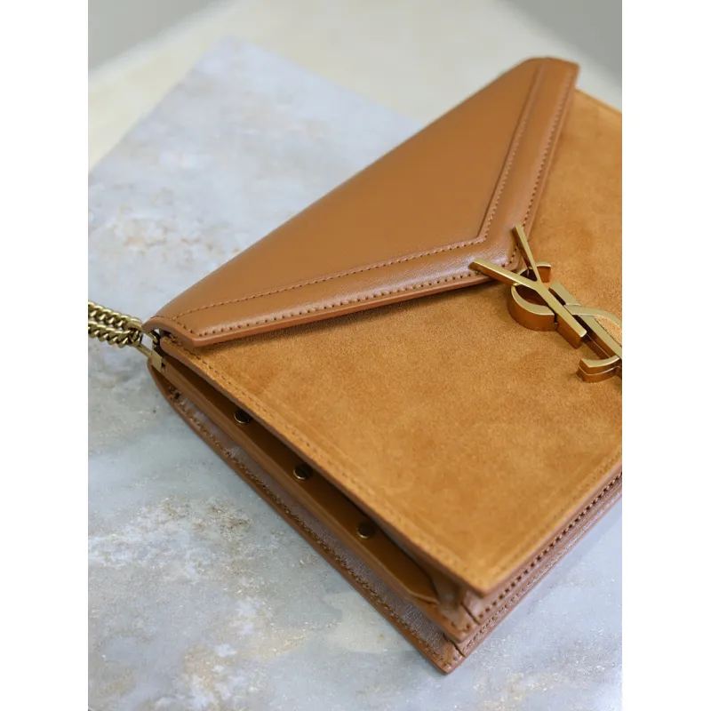 SAINT LAURENT Cassandra Envelope Crossbody Bag Set – Tan Leather-Suede & Black Velvet with Gold YSL Logo (Detachable Chain Strap) #A58773