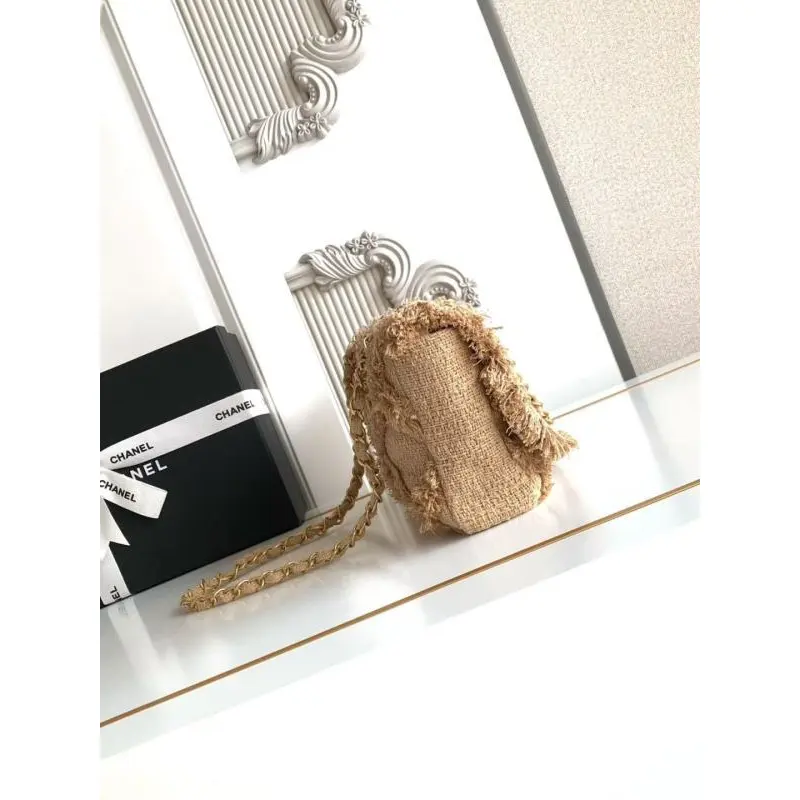 Chanel Womens Evening Bag - Beige Textured Fabric with Fringe Details, Gold-Tone CC Logo & Chain Strap, Luxury Clutch for Elegant Occasions #A56743