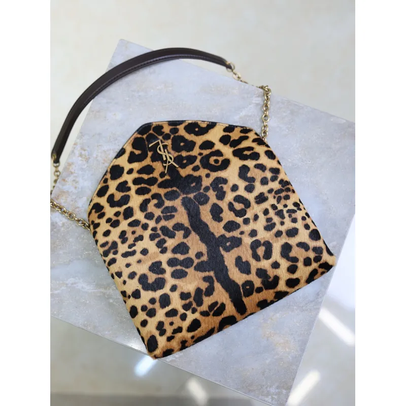 SAINT LAURENT Cassandra Envelope Crossbody Clutch – Leopard-Print Haircalf with Gold YSL Logo (Detachable Chain Strap) #A58783