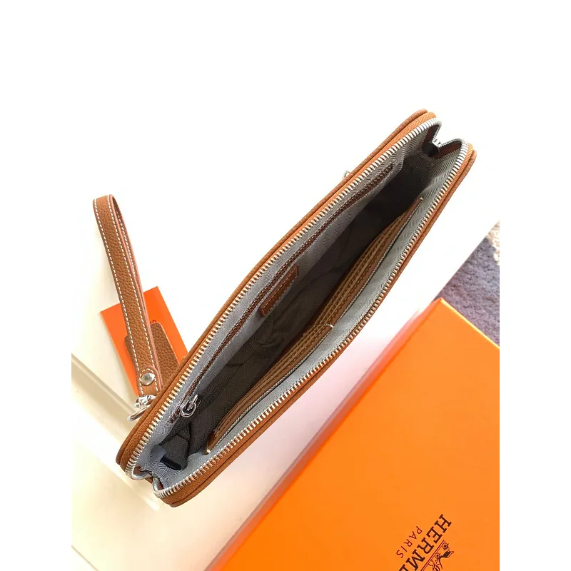 Hermès Leather Zip - Around Wristlet Clutches In Brown And Black With Branded Detailing #A50707