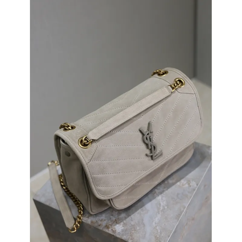 SAINT LAURENT Loulou Medium Shoulder Bag – Light Beige Suede with Chevron Quilt & Tone-On-Tone YSL Logo (Convertible Chain Strap) #A58775