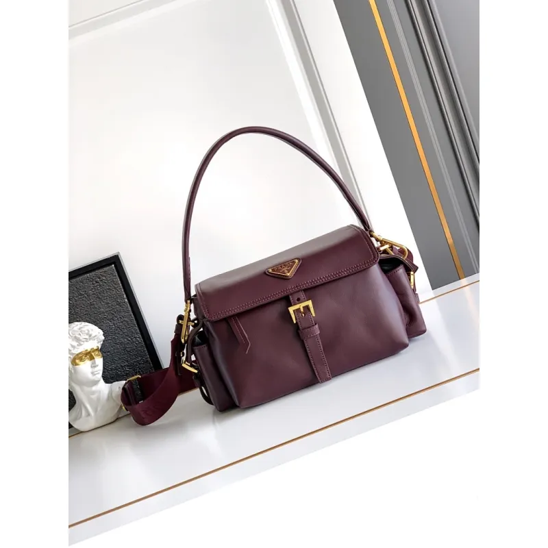 Prada Cahier Messenger Bag (2 Colors) – Burgundy/Black Leather with Gold-Tone Triangle Logo & Buckle Hardware #A59179