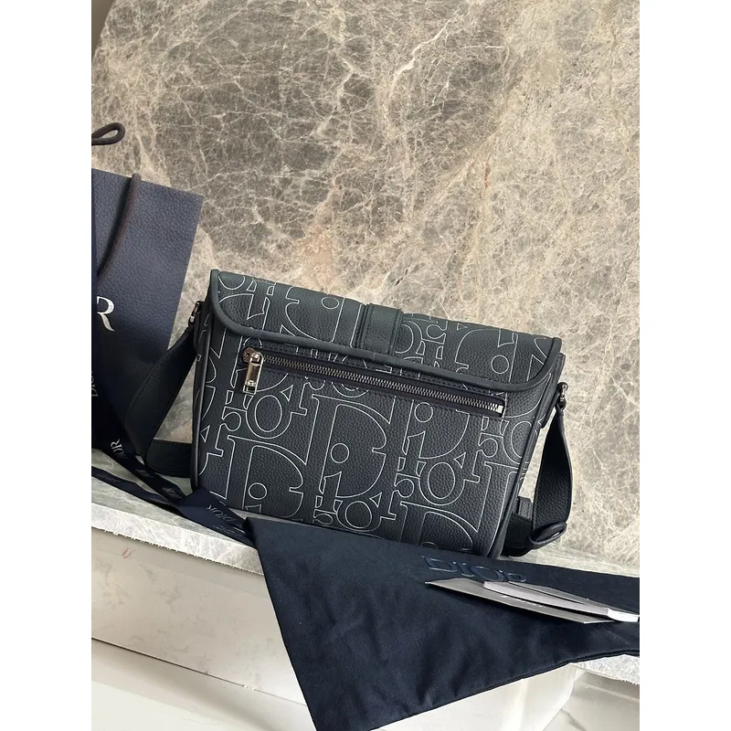 D-ior - Inspired Embossed Leather Crossbody Bag in Navy Blue size:28×18×9.5cm #A53899
