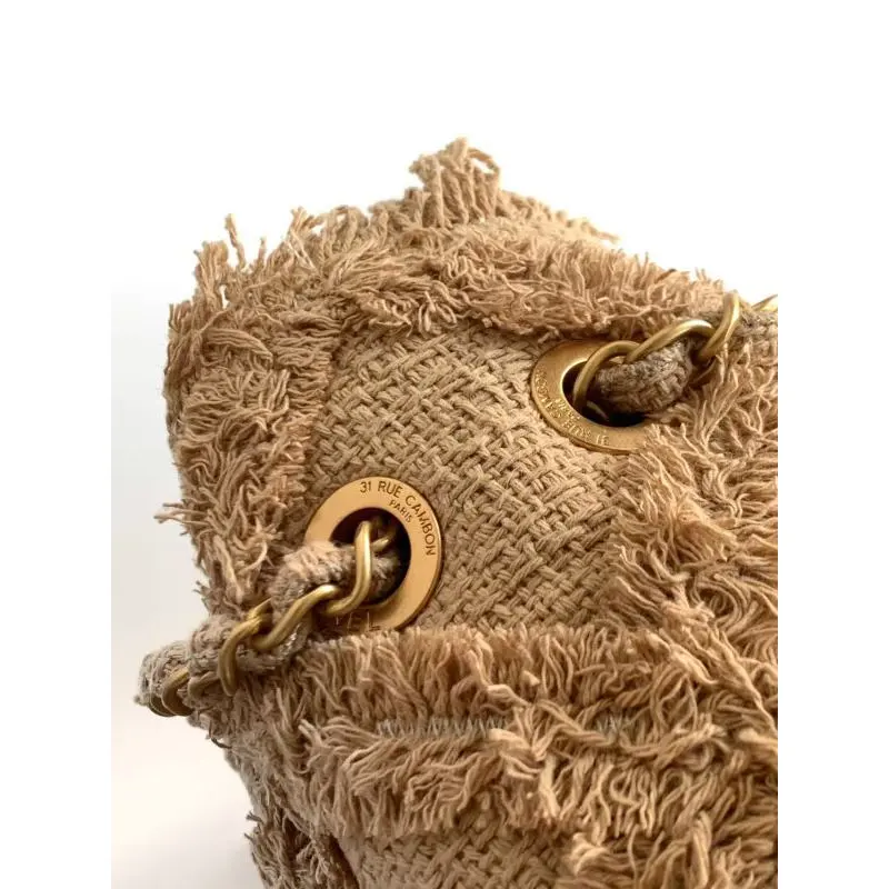 Chanel Womens Evening Bag - Beige Textured Fabric with Fringe Details, Gold-Tone CC Logo & Chain Strap, Luxury Clutch for Elegant Occasions #A56743