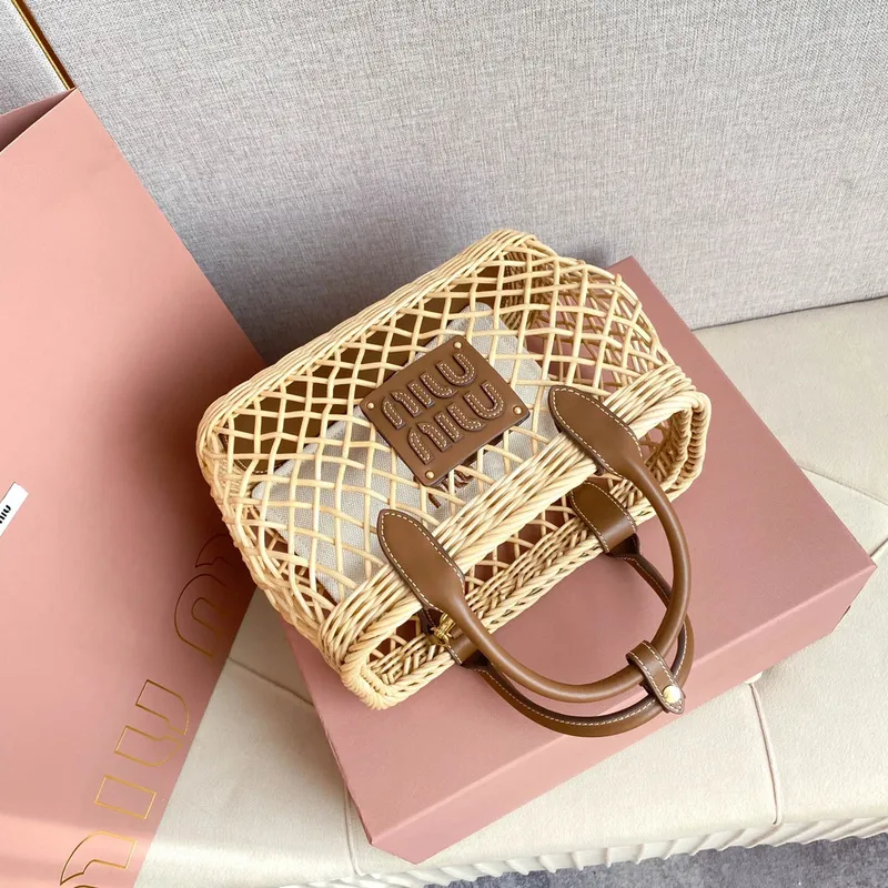 Miu Miu Woven Rattan Handbag With Leather Trim And Brand Plaque #A50907