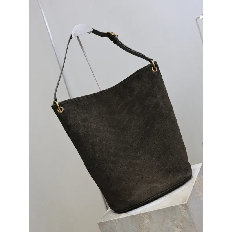 Saint Laurent 844346 Niki Series Suede Bucket Bag - Dark Brown with LE CASSANDRE Logo #A59503 Saint Laurent 844346 Niki Series Suede Bucket Bag - Dark Brown with LE CASSANDRE Logo #A59503