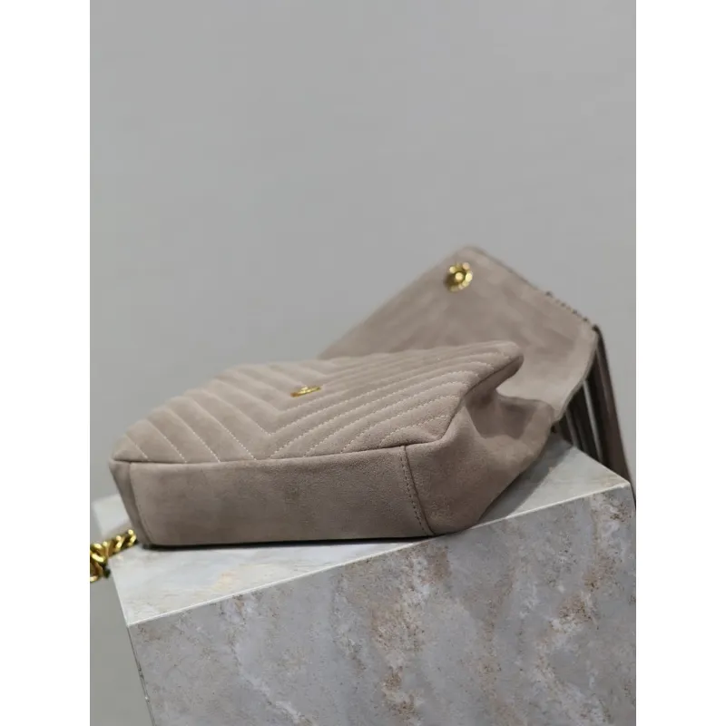 SAINT LAURENT Loulou Fringe Medium Shoulder Bag – Dusty Beige Suede with Chevron Quilt & Gold YSL Logo (Convertible Chain Strap) #A58779