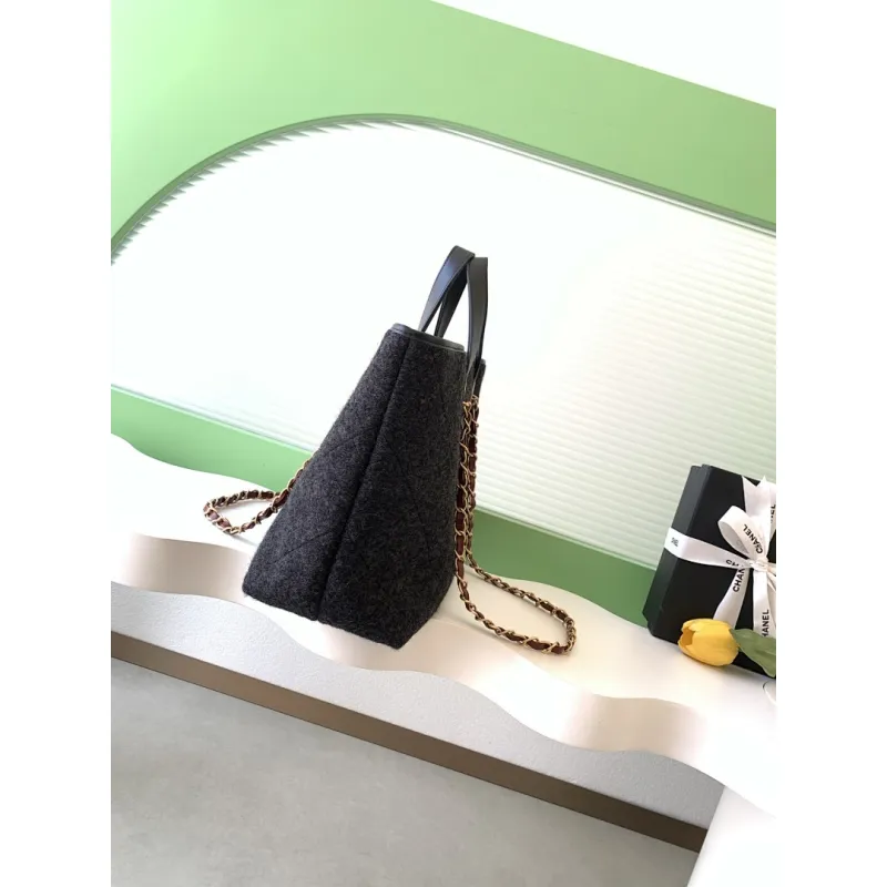 Chanel Black Felt Tote Quilted  Soft Textured  Calfskin Handle Metallic Chain #A60144