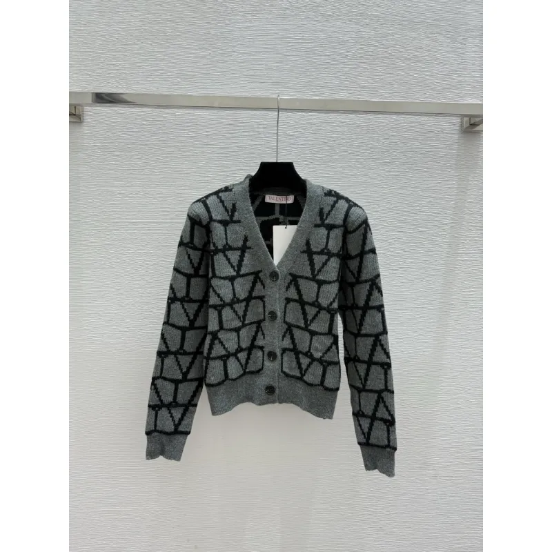 valentino Womens V Neck Cardigan Sweaters Iconic V Logo Pattern in Dual Colors for Luxury Fashion Enthusiasts #A57753