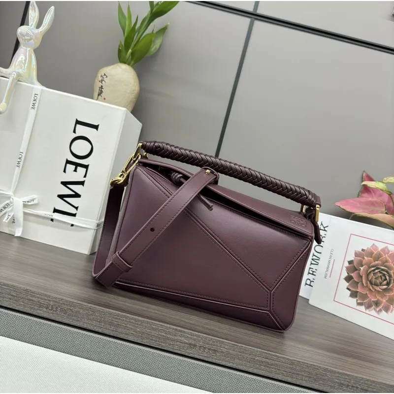 Loewe - Inspired Burgundy Leather Bag With Braided Handle And Geometric Design #A50977