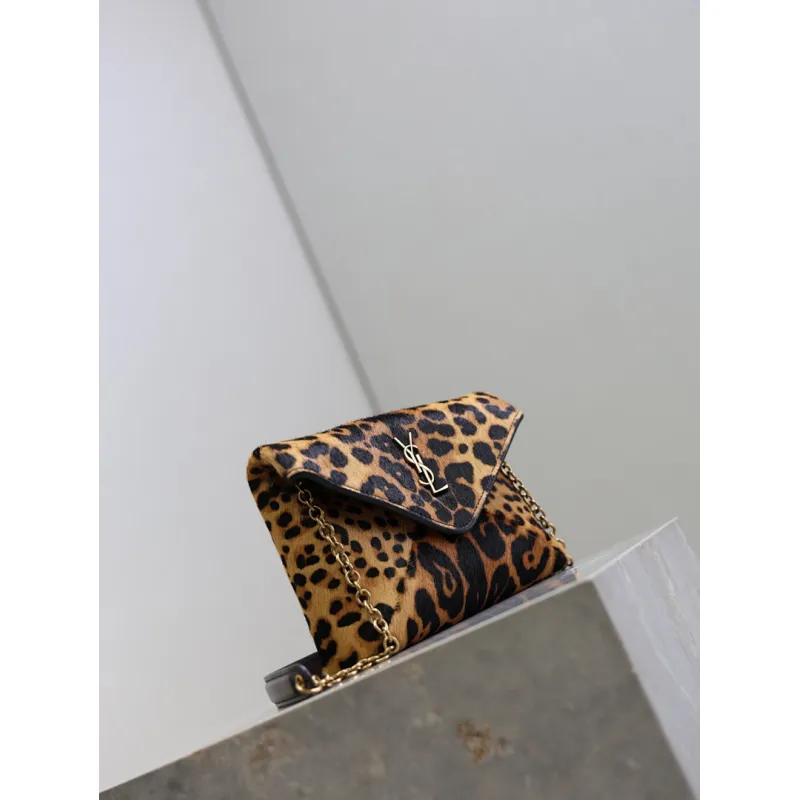 SAINT LAURENT Cassandra Envelope Crossbody Clutch – Leopard-Print Haircalf with Gold YSL Logo (Detachable Chain Strap) #A58783