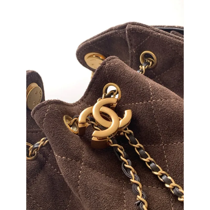 Chanel Mini Suede Bucket Bag  Retro Coin Button  Drawstring  Quilted  Classic Chain #A60143