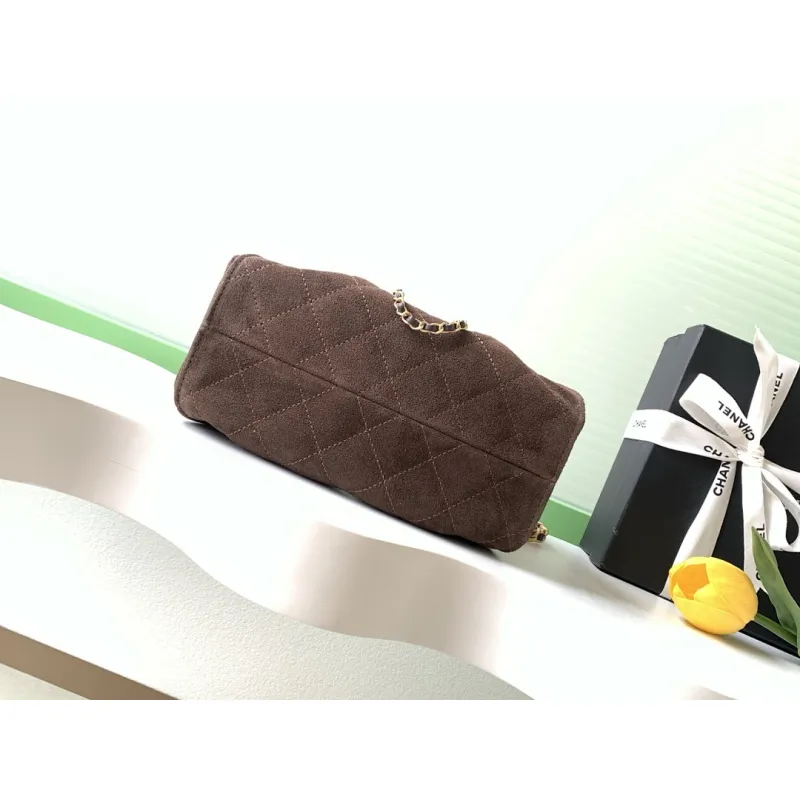 Chanel Mini Suede Bucket Bag  Retro Coin Button  Drawstring  Quilted  Classic Chain #A60143