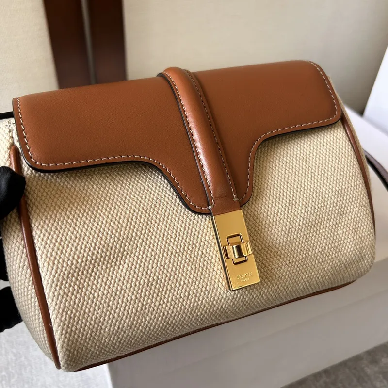 Stylish Celine Beige Canvas And Brown Leather Crossbody Bag For Fashion Lovers size:18×12×6cm #A54347