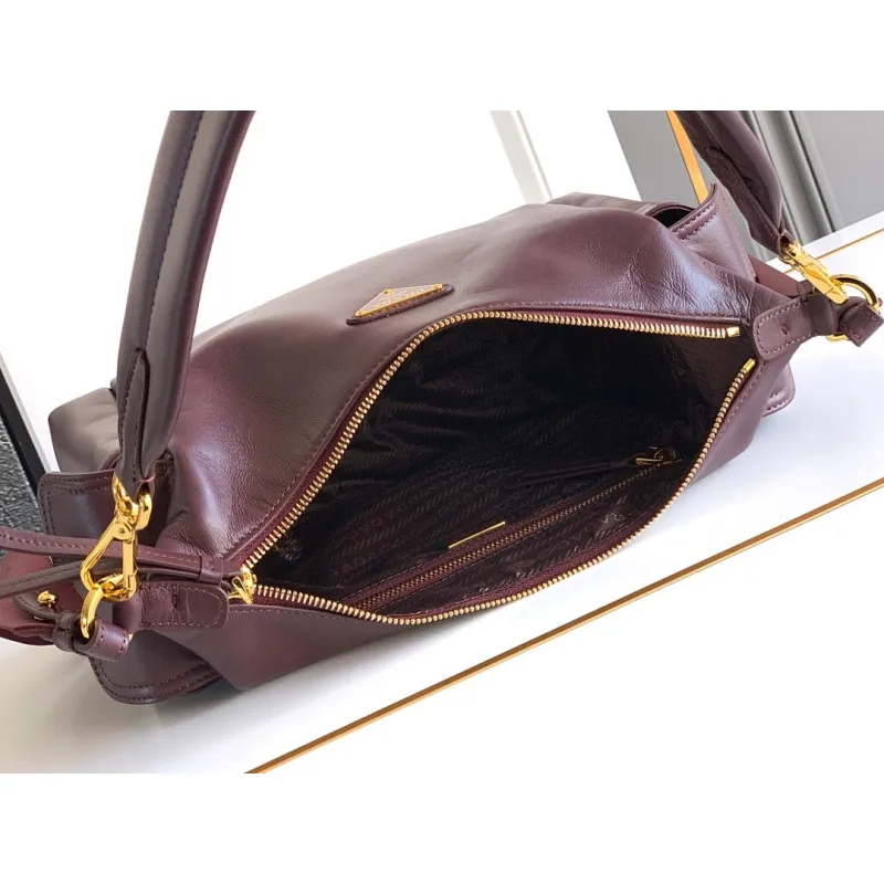 Prada Galleria Soft Shoulder Bag (2 Colors) – Burgundy/Black Leather with Gold-Tone Triangle Logo & Convertible Strap #A59180