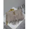 SAINT LAURENT Loulou Fringe Medium Shoulder Bag – Dusty Beige Suede with Chevron Quilt & Gold YSL Logo (Convertible Chain Strap) #A58779