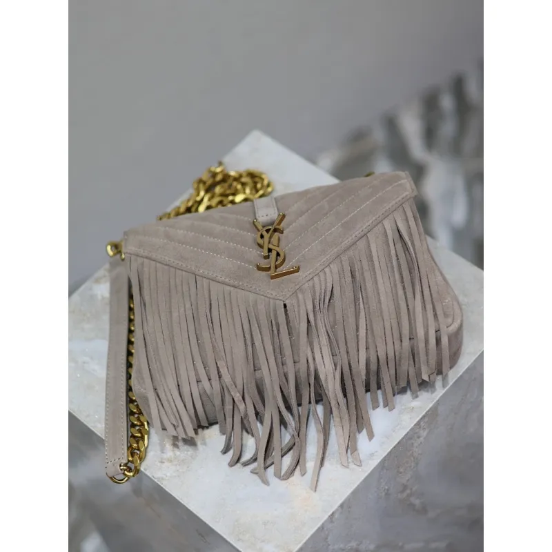 SAINT LAURENT Loulou Fringe Medium Shoulder Bag – Dusty Beige Suede with Chevron Quilt & Gold YSL Logo (Convertible Chain Strap) #A58779