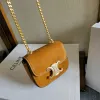 Celine Womens Mini Crossbody Bag - Tan Suede Leather, Gold-Tone Triomphe Logo Chain Strap, Luxury Compact Shoulder Bag for Fashion Enthusiasts #A56846