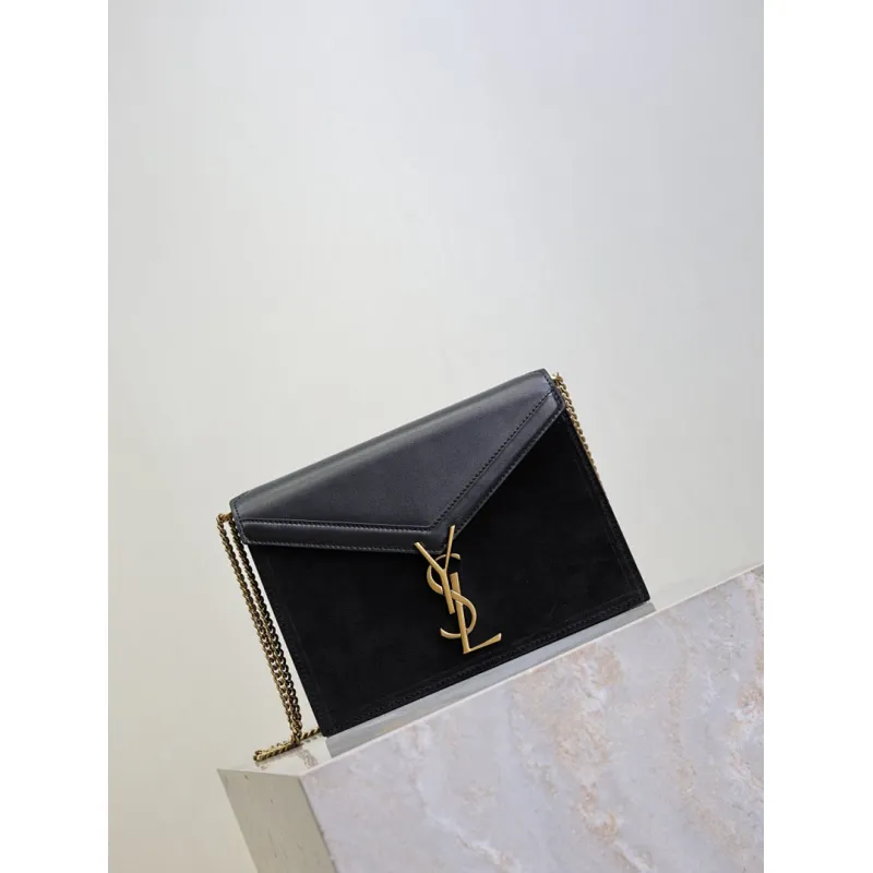 SAINT LAURENT Cassandra Envelope Crossbody Bag Set – Tan Leather-Suede & Black Velvet with Gold YSL Logo (Detachable Chain Strap) #A58773