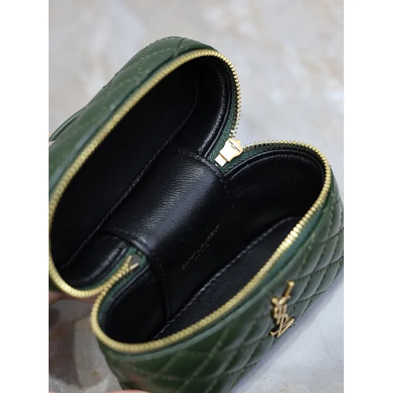 Saint Laurent 819285 GABY Mini Chain Cosmetic Bag - Dark Green Quilted Leather with Detachable Strap #A59505