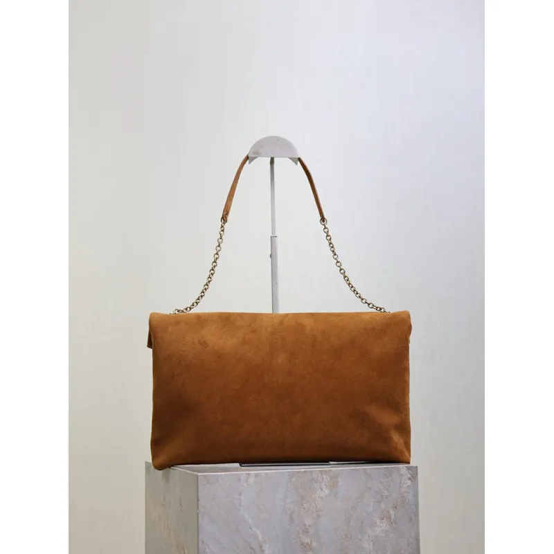 SAINT LAURENT Cassandra Large Envelope Shoulder Bag – Tan Suede with Gold YSL Logo (Detachable Chain Strap) #A58782