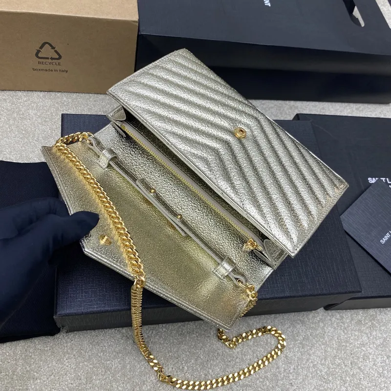 Glamorous Saint Laurent Metallic Gold Chain Wallet with Iconic YSL Logo Detailing #A50104 Glamorous Saint Laurent Metallic Gold Chain Wallet with Iconic YSL Logo Detailing #A50104