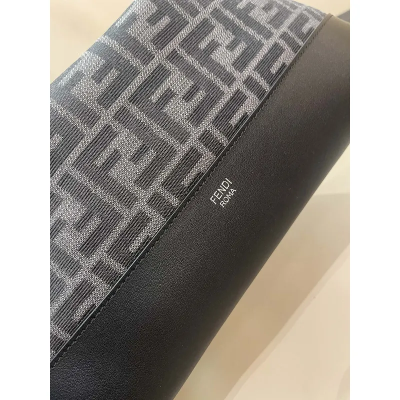 Fendi Brown And Beige FF Logo Jacquard Fabric Shoulder Bag With Leather Trims size:34×22 #A54307 Fendi Brown And Beige FF Logo Jacquard Fabric Shoulder Bag With Leather Trims size:34×22 #A54307