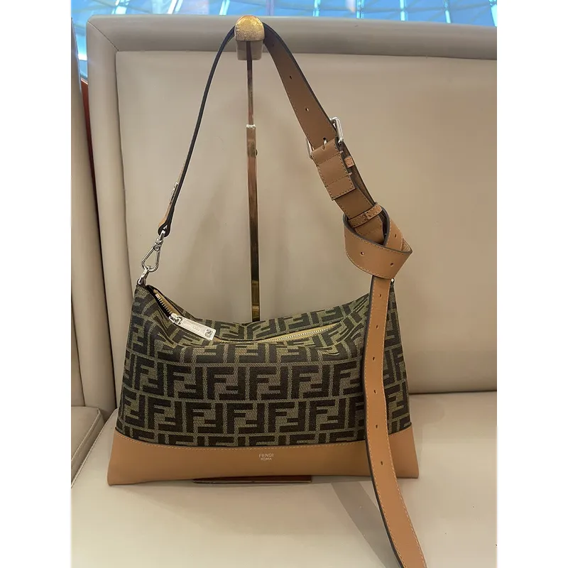Fendi Brown And Beige FF Logo Jacquard Fabric Shoulder Bag With Leather Trims size:34×22 #A54307 Fendi Brown And Beige FF Logo Jacquard Fabric Shoulder Bag With Leather Trims size:34×22 #A54307