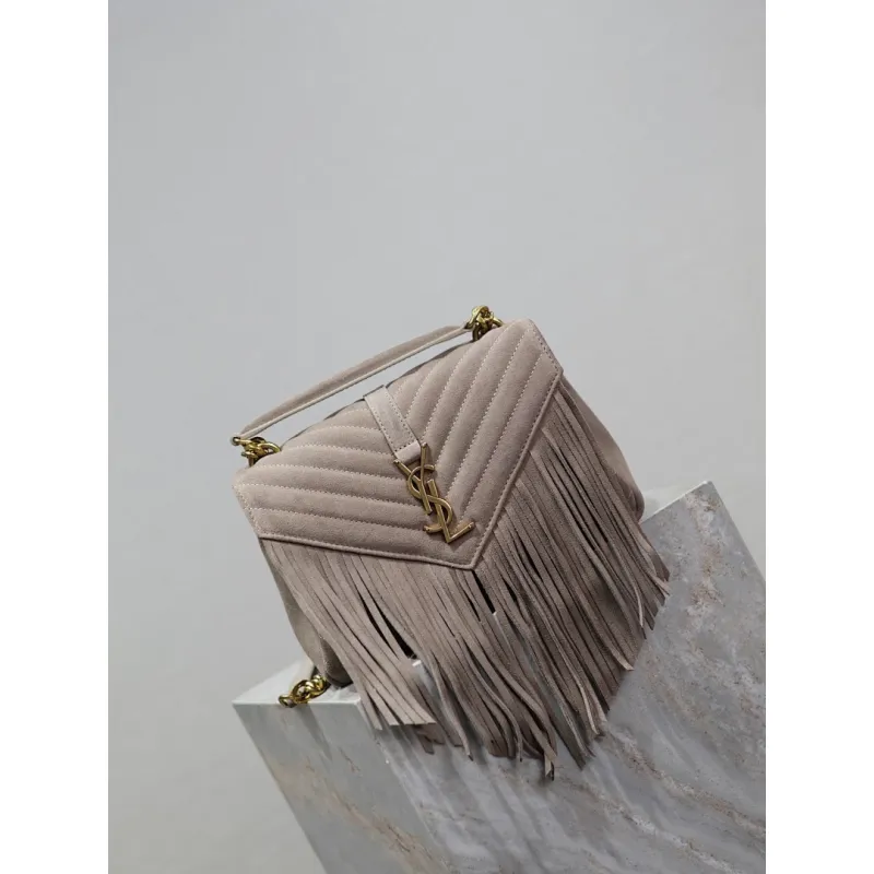 SAINT LAURENT Loulou Fringe Medium Shoulder Bag – Dusty Beige Suede with Chevron Quilt & Gold YSL Logo (Convertible Chain Strap) #A58779