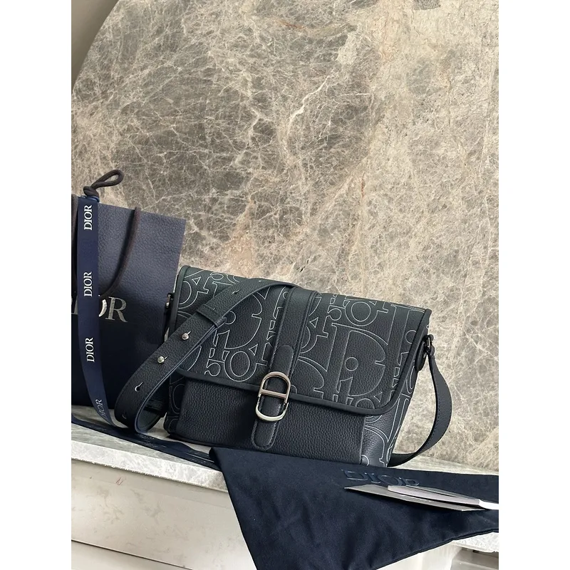 D-ior - Inspired Embossed Leather Crossbody Bag in Navy Blue size:28×18×9.5cm #A53899