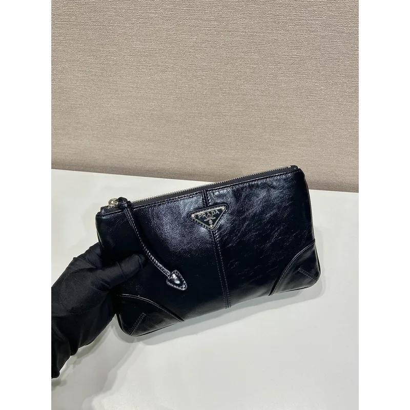 Elegant Black Prada Leather Clutch With Iconic Logo For Timeless Fashion Looks #A49962