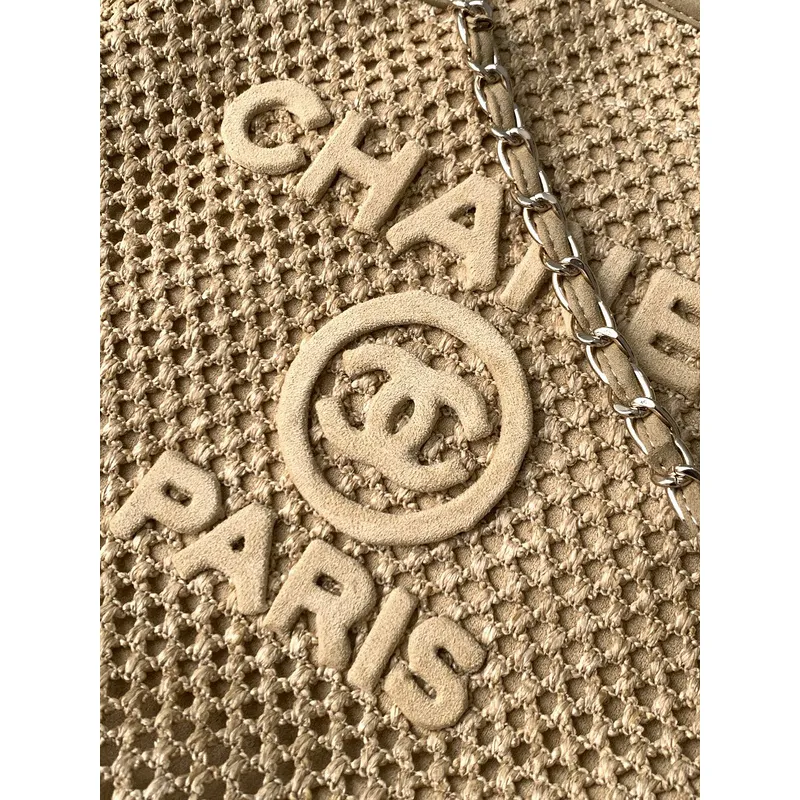 Chanel Woven Tote Textured Raffia Signature Logo &amp Chain Embracing Summer Elegance size38 #A54203