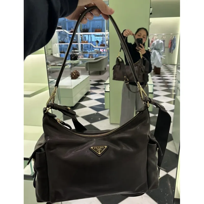 Prada Galleria Soft Shoulder Bag (2 Colors) – Burgundy/Black Leather with Gold-Tone Triangle Logo & Convertible Strap #A59180