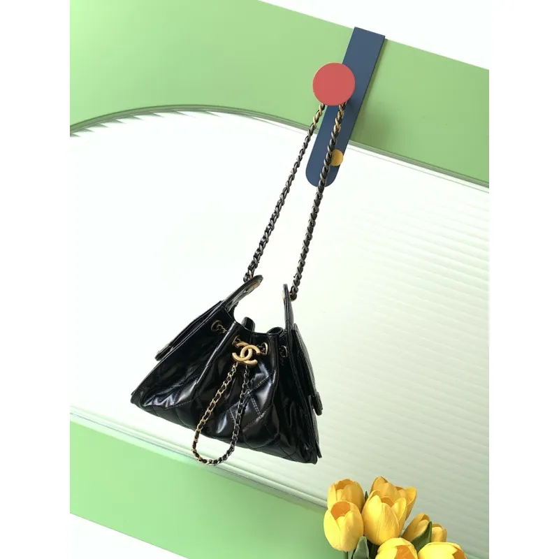 Chanel Hobo Shoulder Bag  Hippie Style Vintage Gold Coin Button Drawstring Bucket Bag #A59440