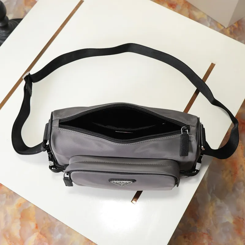 Prada Mens Dark Gray Re-Nylon Crossbody Messenger Bag with Detachable Pouch – Iconic Triangle Logo Adjustable Strap #A58757
