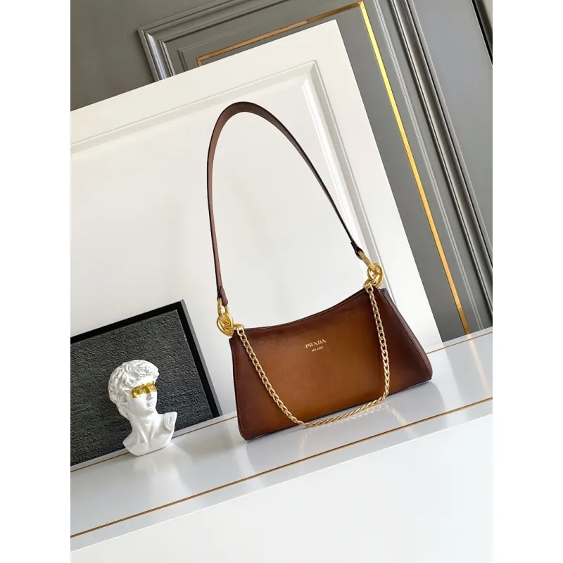 Prada Cleo Shoulder Bag (4 Colors) – Brown/Navy/Black/White Saffiano Leather with Gold-Tone Chain Strap #A59176