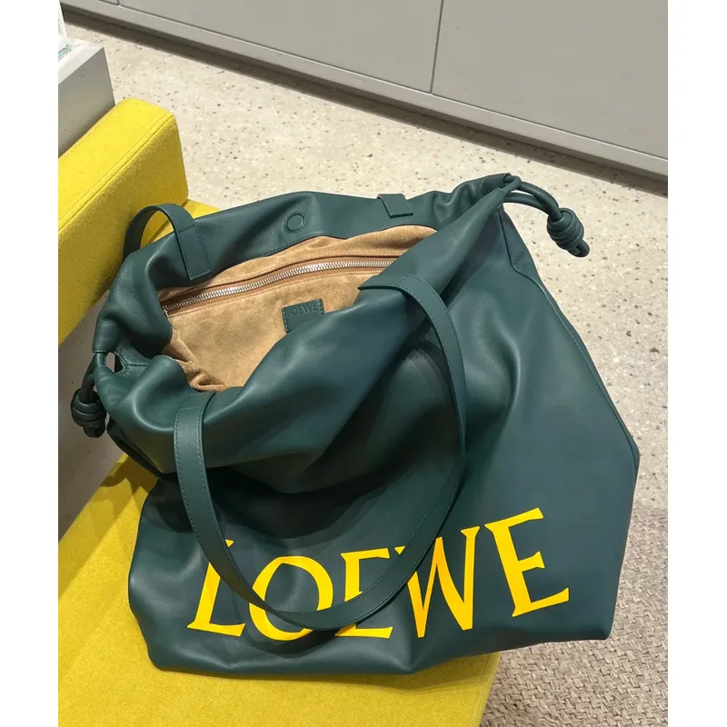 Loewe Green Leather Drawstring Tote Bag With Bold Branding For Chic Everyday Use #A50065