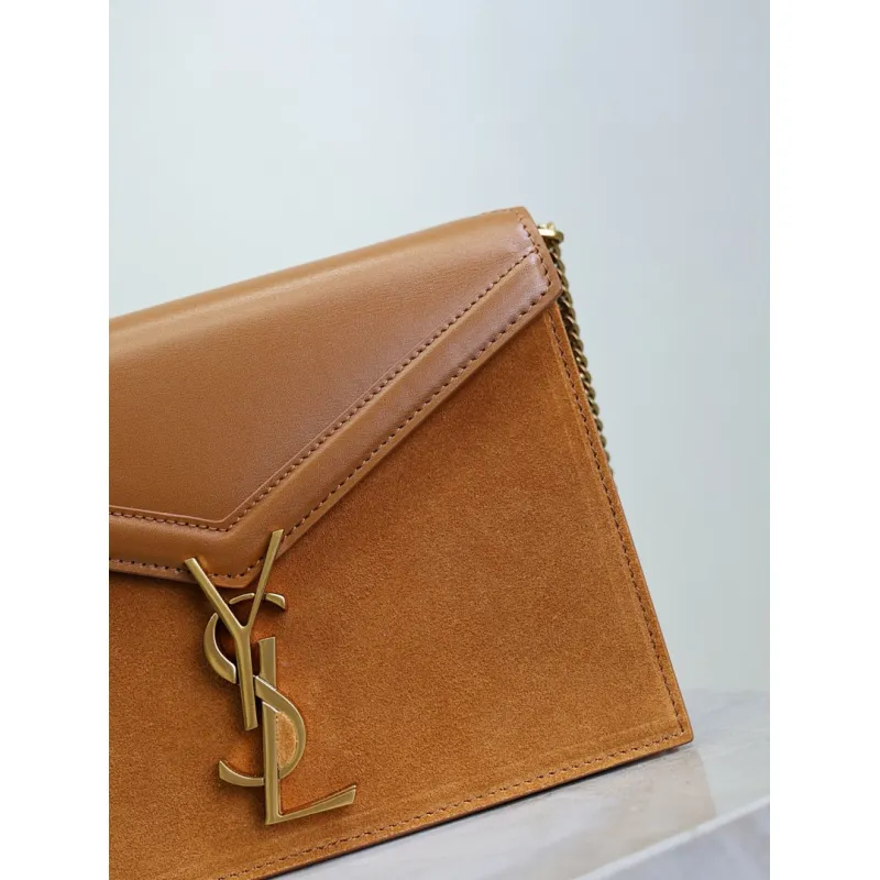 SAINT LAURENT Cassandra Envelope Crossbody Bag Set – Tan Leather-Suede & Black Velvet with Gold YSL Logo (Detachable Chain Strap) #A58773
