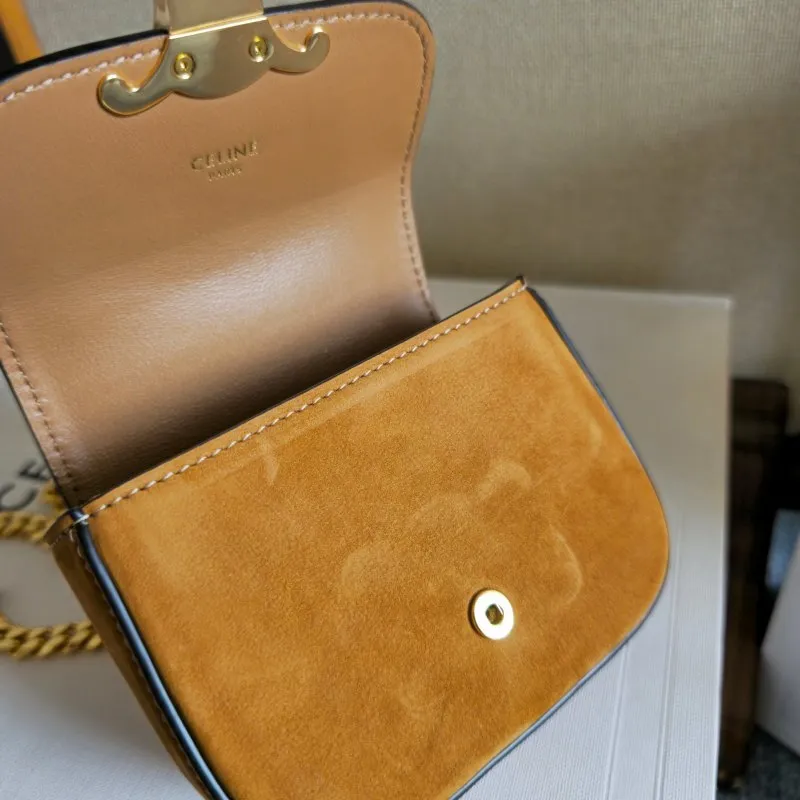 Celine Womens Mini Crossbody Bag - Tan Suede Leather, Gold-Tone Triomphe Logo Chain Strap, Luxury Compact Shoulder Bag for Fashion Enthusiasts #A56846