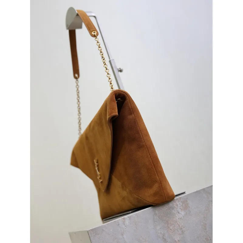 SAINT LAURENT Cassandra Large Envelope Shoulder Bag – Tan Suede with Gold YSL Logo (Detachable Chain Strap) #A58782