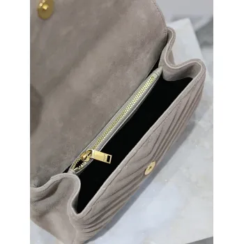 SAINT LAURENT Loulou Fringe Medium Shoulder Bag – Dusty Beige Suede with Chevron Quilt & Gold YSL Logo (Convertible Chain Strap) #A58779