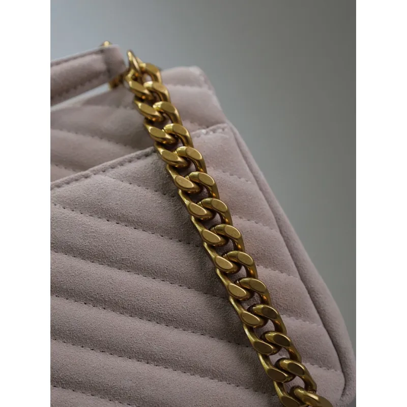 SAINT LAURENT Loulou Small Envelope Crossbody Bag – Blush Suede with Chevron Quilt & Gold YSL Logo (Detachable Chain Strap) #A58780 SAINT LAURENT Loulou Small Envelope Crossbody Bag – Blush Suede with Chevron Quilt & Gold YSL Logo (Detachable Chain Strap) #A58780
