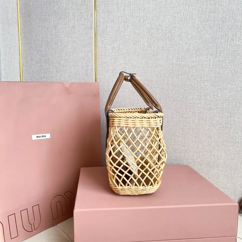 Miu Miu Woven Rattan Handbag With Leather Trim And Brand Plaque #A50907